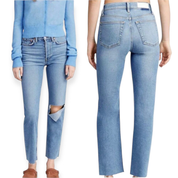 NWT Redone High Rise Stove Pipe Jeans Brisk Blue w Rips Straight Size 24 fits 25 - Picture 2 of 8